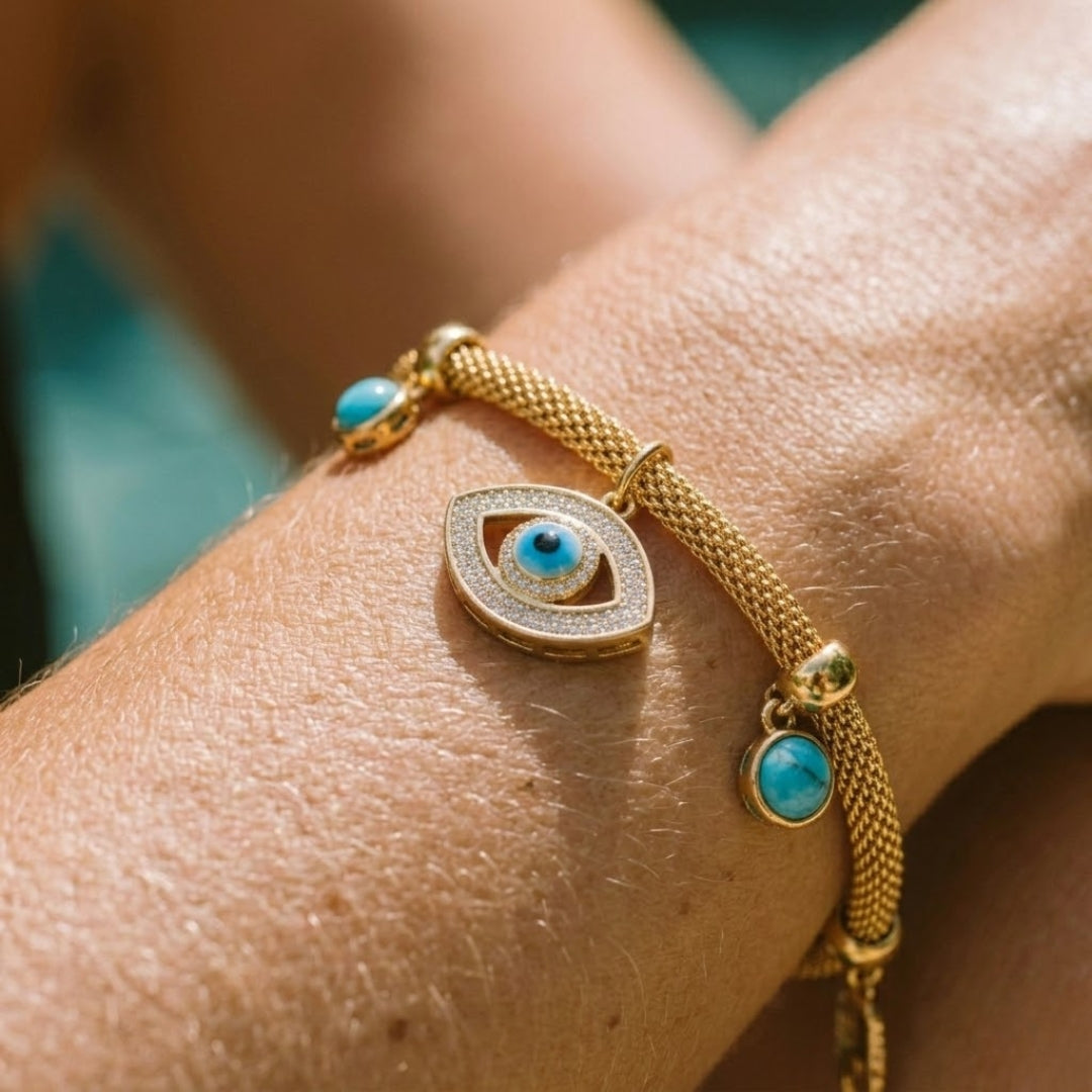 Pulsera Ojo Turco con Perla Turquesa (Chapado en Oro 18K)
