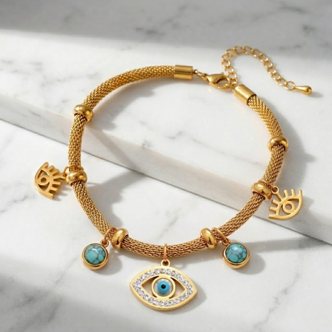 Pulsera Ojo Turco con Perla Turquesa (Chapado en Oro 18K)