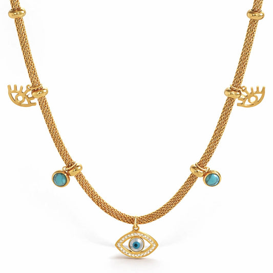 Collar Ojo Turco con Perla Turquesa (Bañado en Oro 18K)