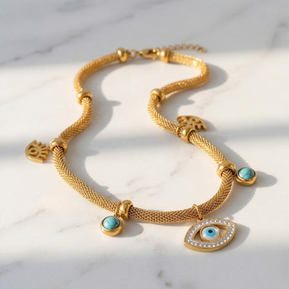 Collar Ojo Turco con Perla Turquesa (Bañado en Oro 18K)