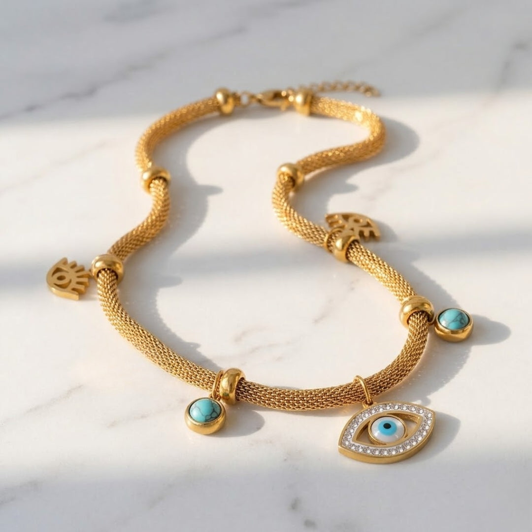 Collar Ojo Turco con Perla Turquesa (Bañado en Oro 18K)