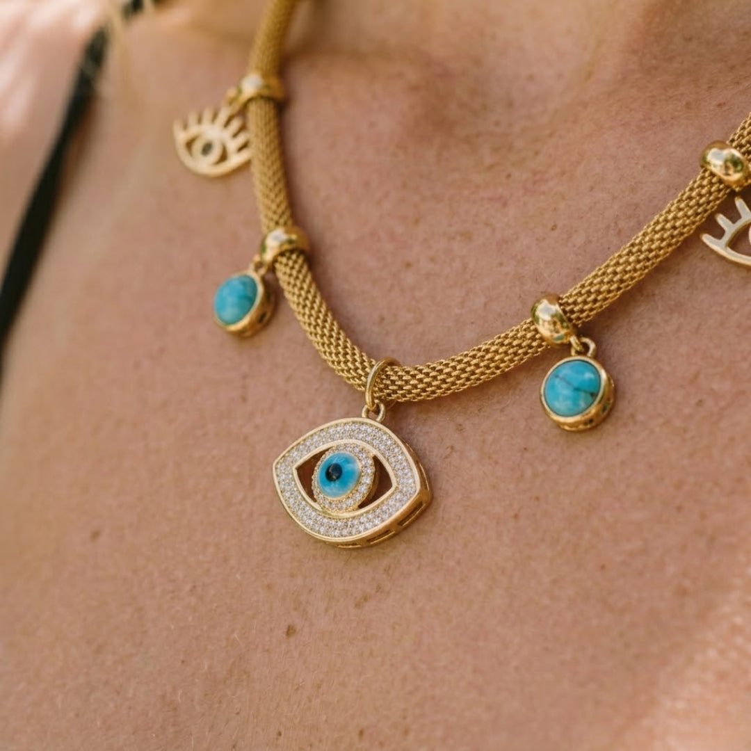 Collar Ojo Turco con Perla Turquesa (Bañado en Oro 18K)