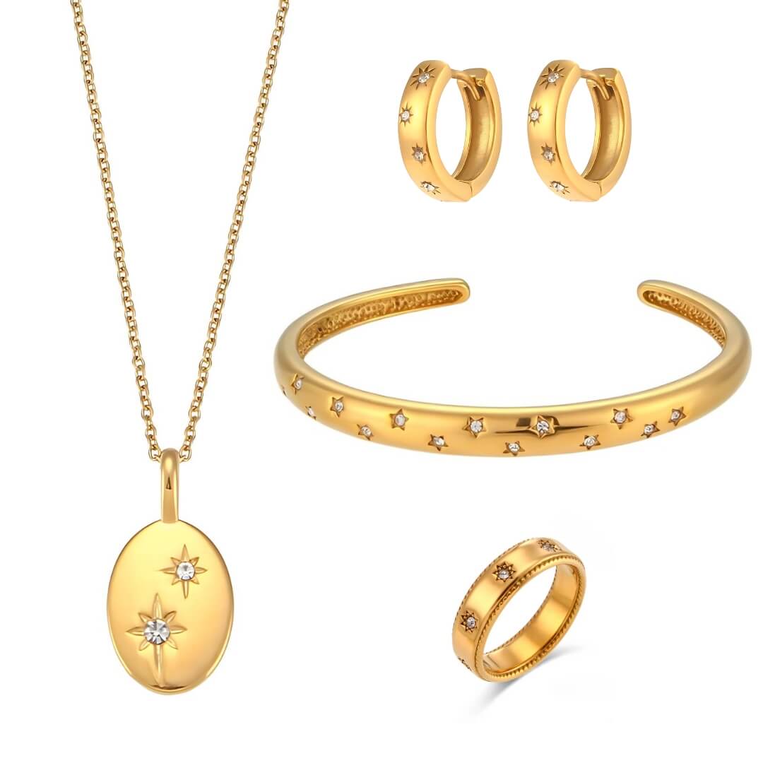 Conjunto Stella: Collar + Pulsera + Arete + Anillo (Chapado en Oro 18K)