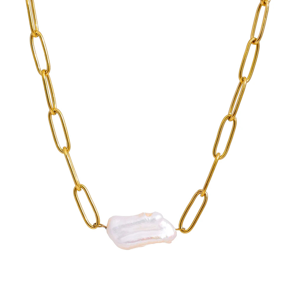 Collar de Perla Rústica con Eslabones (Chapado en Oro 18K)