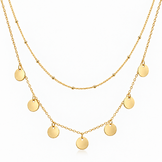 Mezcla de Collar de Capas con Medallas y Malla (Chapado en Oro 18K)