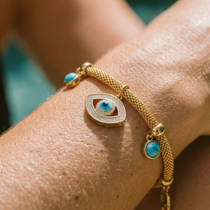 Pulsera Ojo Turco con Perla Turquesa (Chapado en Oro 18K)