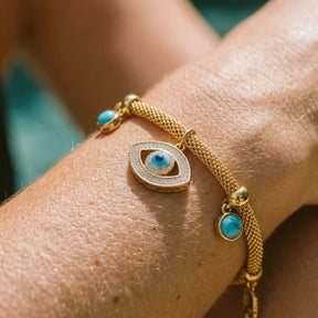 Pulsera Ojo Turco con Perla Turquesa (Chapado en Oro 18K)