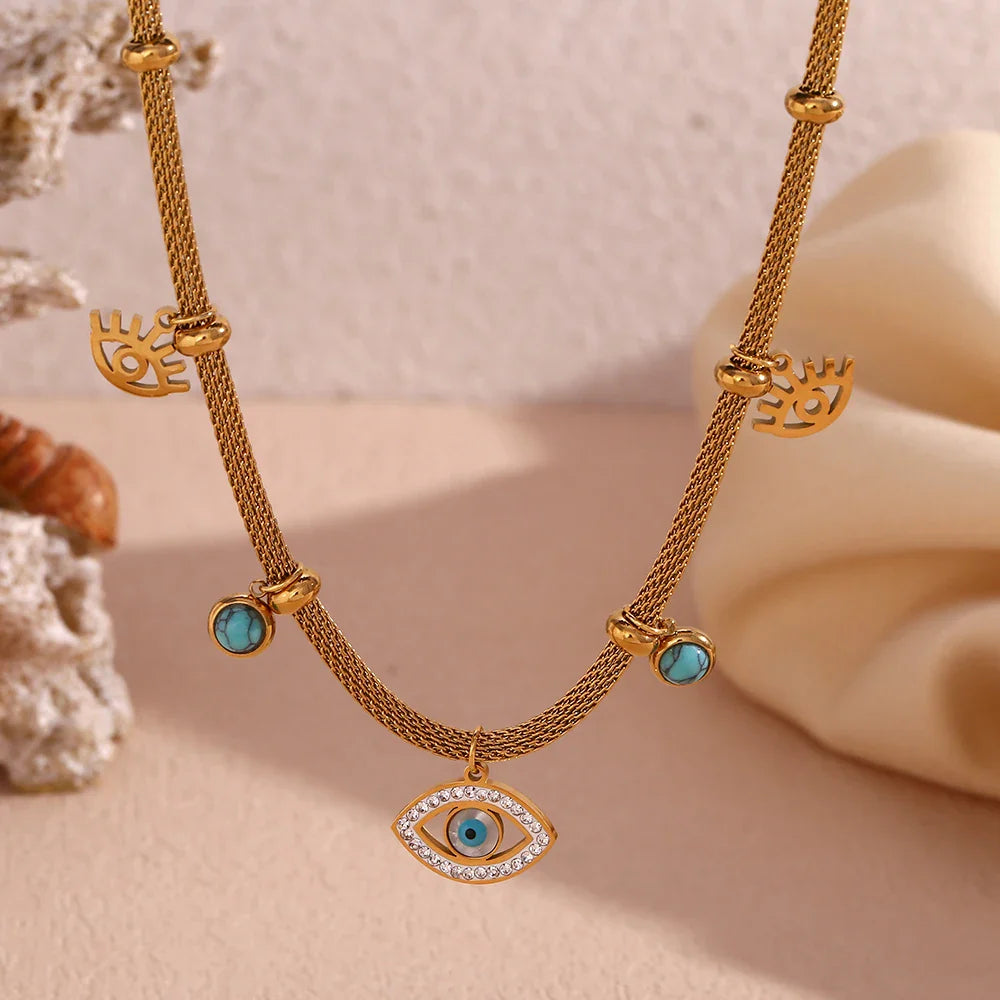 Collar Ojo Turco con Perla Turquesa (Bañado en Oro 18K)