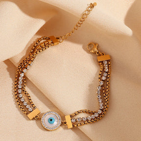 Pulsera Ojo Turco Cadena Triple Circonia (Chapado en Oro 18K)