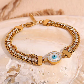 Pulsera Ojo Turco Cadena Triple Circonia (Chapado en Oro 18K)