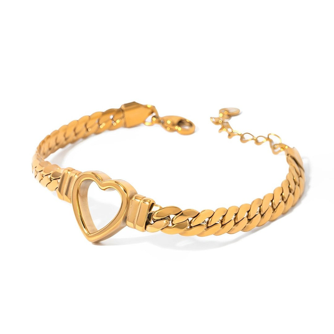 Pulsera Corazón con Cadena de Eslabones Grandes (Chapado en Oro 18K)